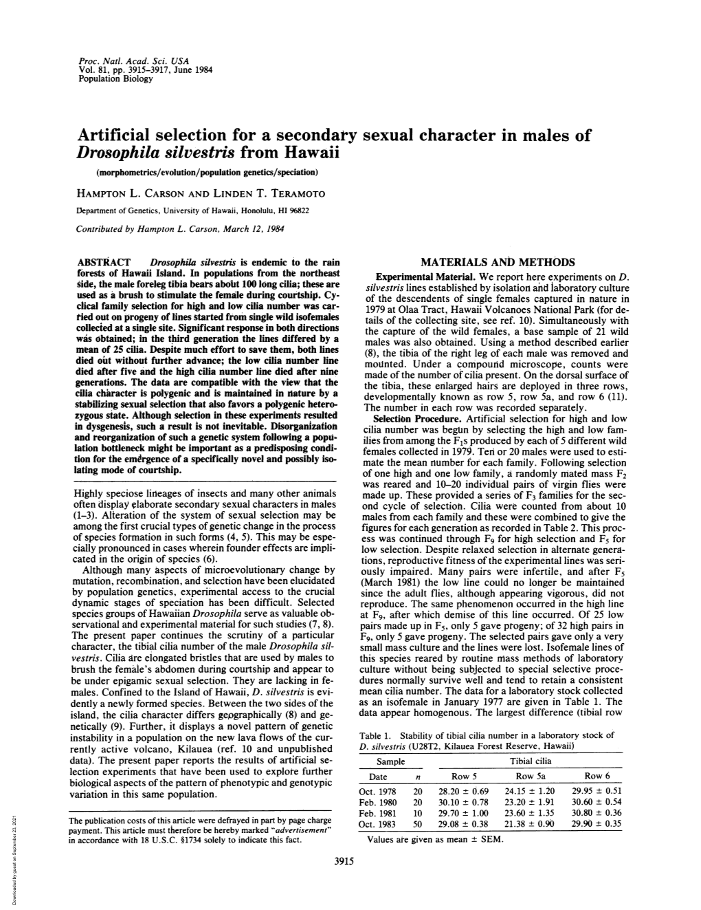 Artificial Selection for a Secondary Sexual Character in Males of Drosophila Silvestris from Hawaii (Morphometrics/Evolution/Population Genetics/Speciation) HAMPTON L