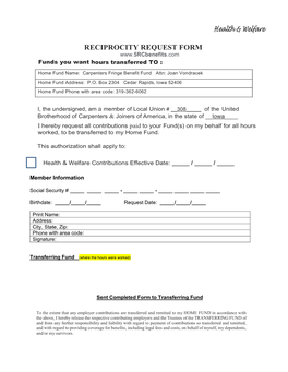 RECIPROCITY REQUEST FORM Funds You Want Hours Transferred to