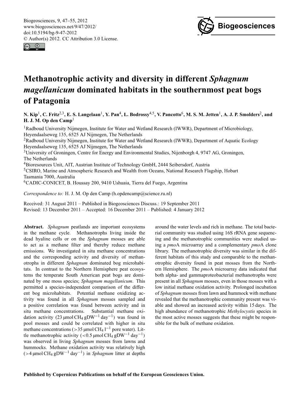 Methanotrophic Activity and Diversity in Different Sphagnum Magellanicum Dominated Habitats in the Southernmost Peat Bogs of Patagonia