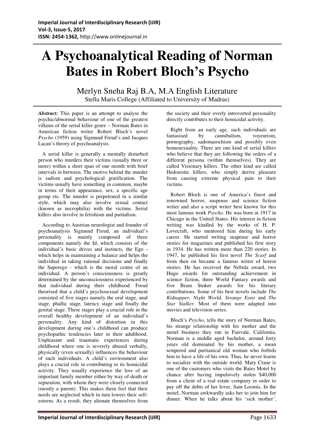 A Psychoanalytical Reading of Norman Bates in Robert Bloch's