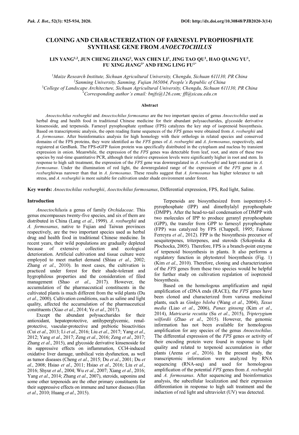 Cloning and Characterization of Farnesyl Pyrophosphate Synthase Gene from Anoectochilus