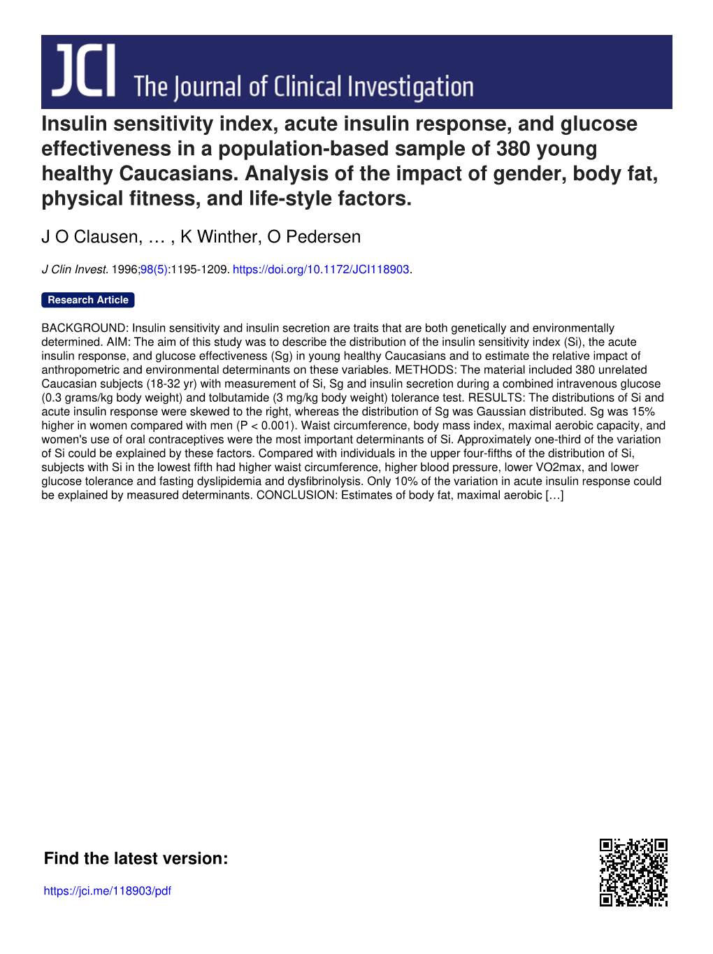 Insulin Sensitivity Index, Acute Insulin Response, and Glucose Effectiveness in a Population-Based Sample of 380 Young Healthy Caucasians