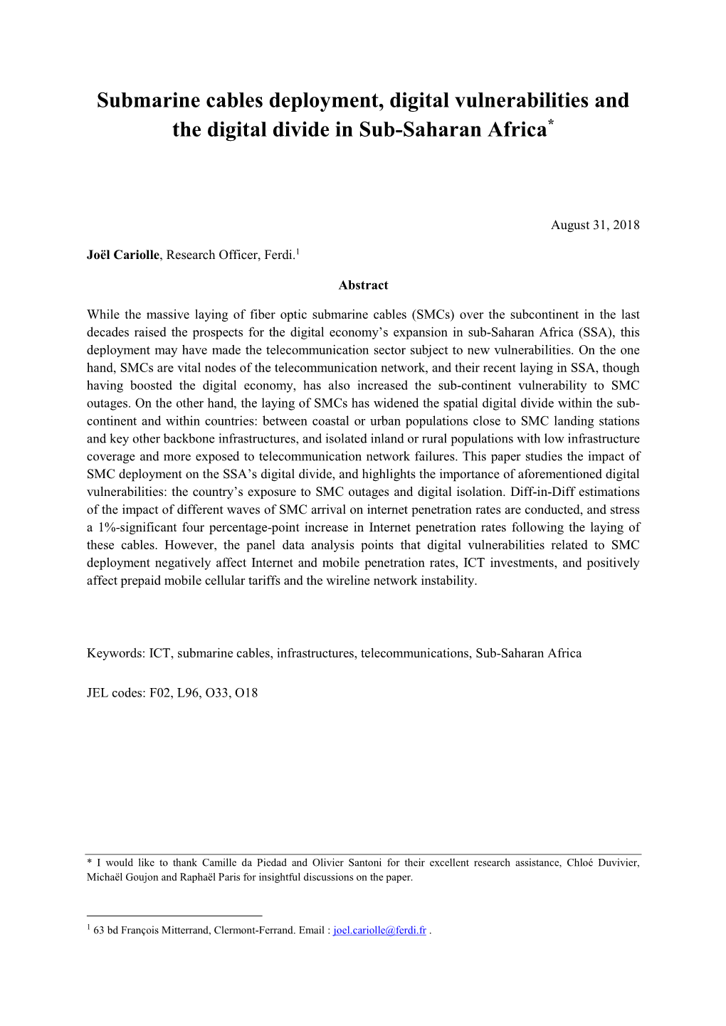 Submarine Cables Deployment, Digital Vulnerabilities and the Digital Divide in Sub-Saharan Africa*