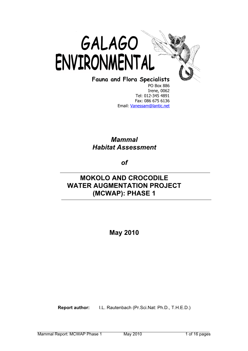 Mammal Habitat Assessment of MOKOLO and CROCODILE WATER AUGMENTATION PROJECT