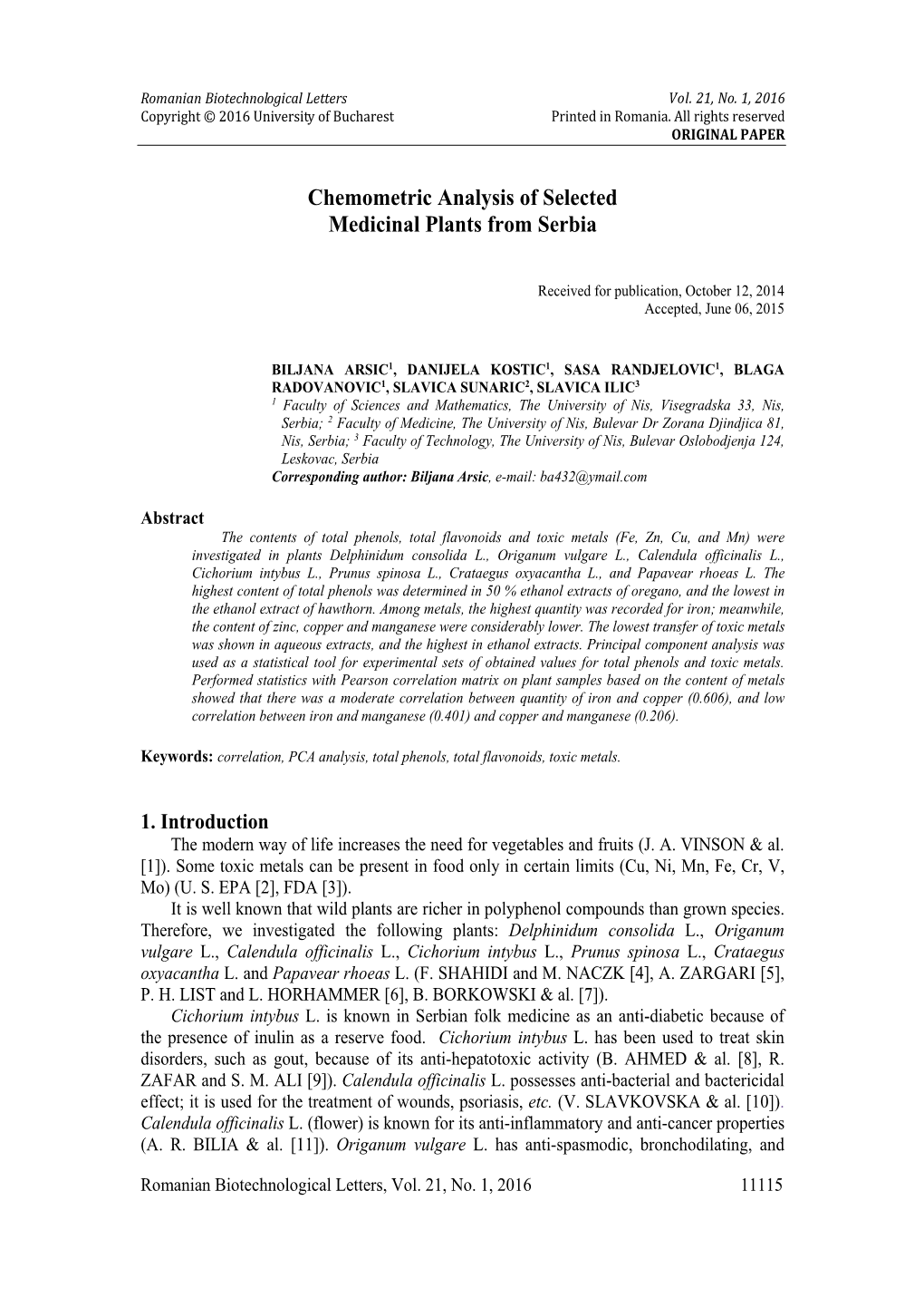 Chemometric Analysis of Selected Medicinal Plants from Serbia