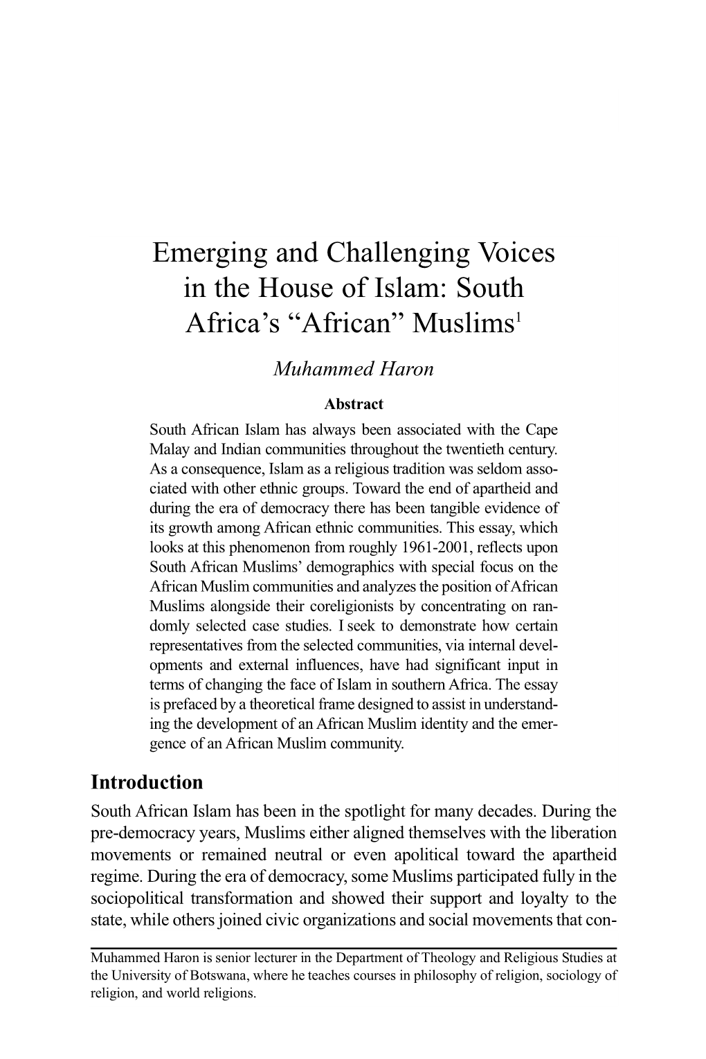 Emerging and Challenging Voices in the House of Islam: South Africa's