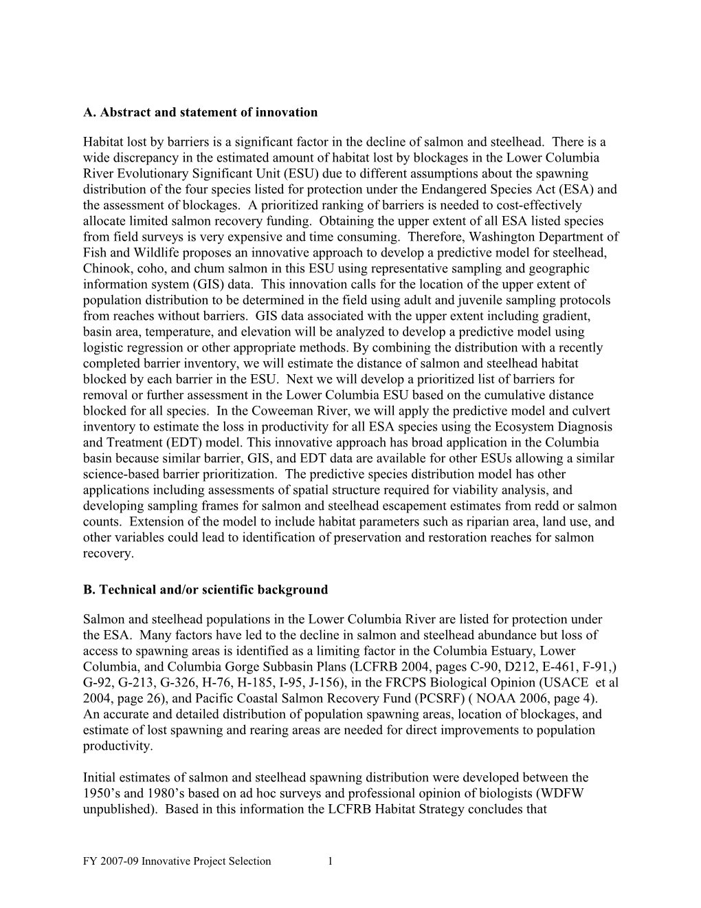 FY 2007-09 F&W Program Innovative Project Solicitation