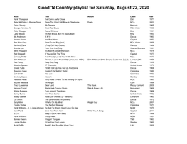 Good 'N Country Playlist for Saturday, August 22, 2020