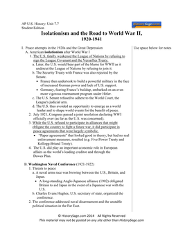 Isolationism and the Road to World War II, 1920-1941