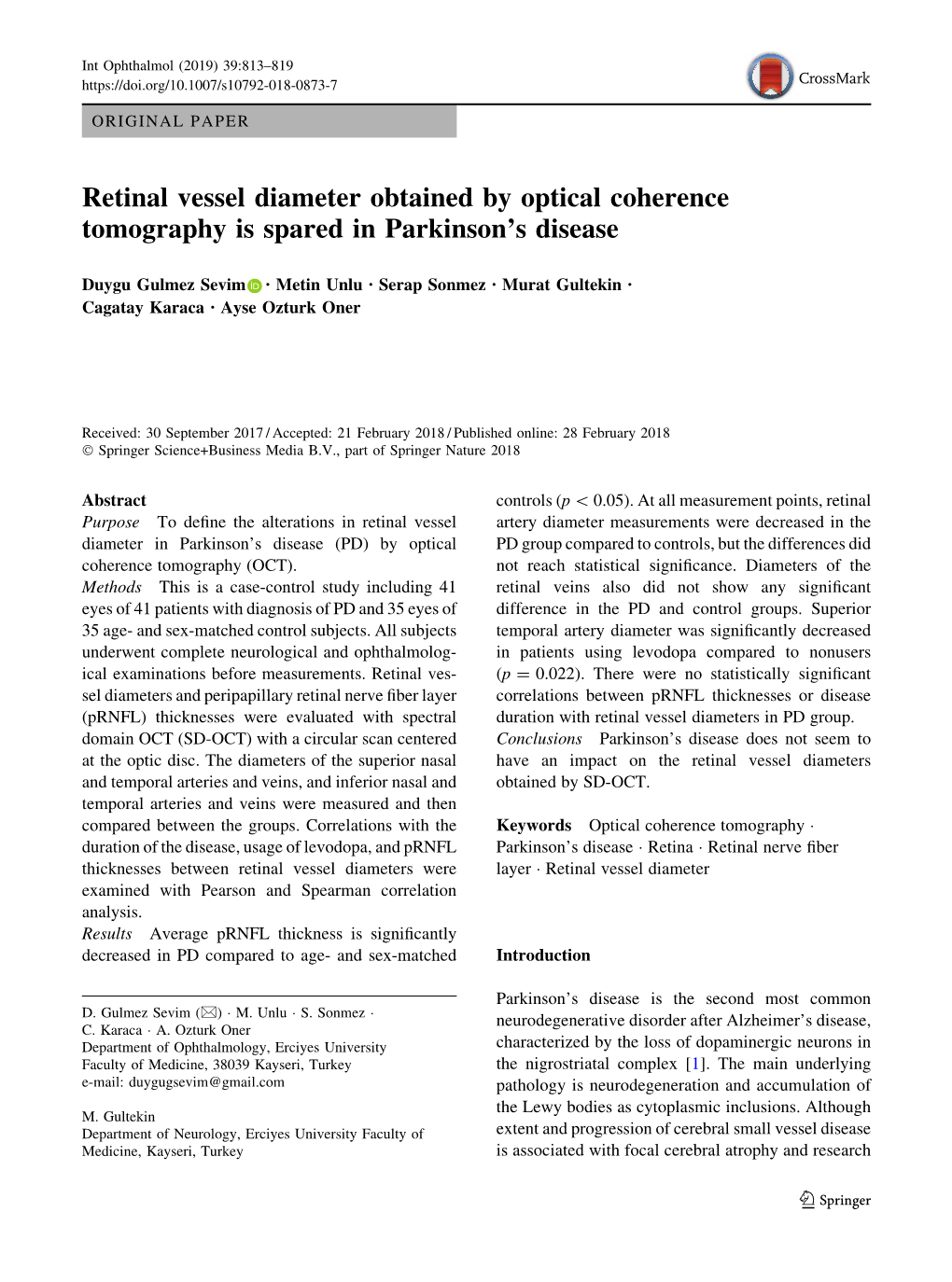 Retinal Vessel Diameter Obtained by Optical Coherence Tomography Is Spared in Parkinson’S Disease