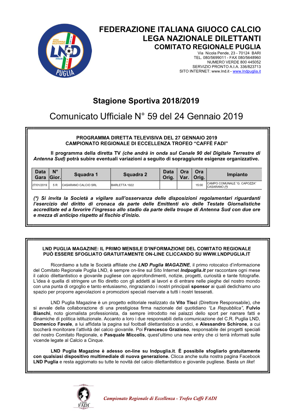 Comunicato Ufficiale N° 59 Del 24 Gennaio 2019