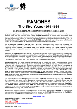 RAMONES the Sire Years 1976-1981 Die Ersten Sechs Alben Der Punkrock-Pioniere in Einer Box!