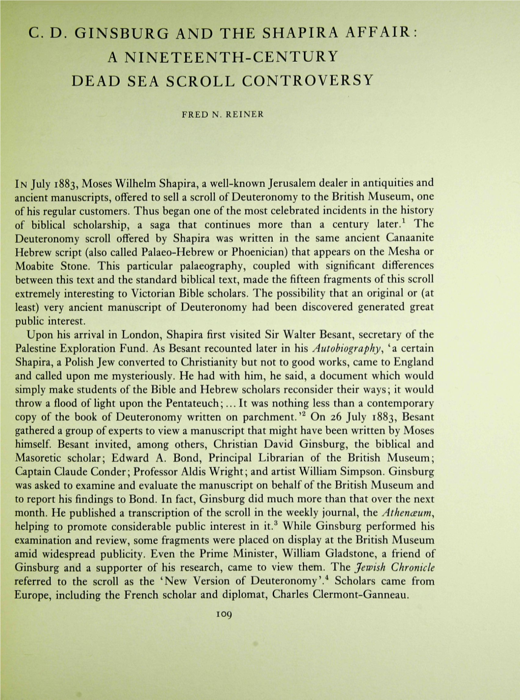 Cd Ginsburg and the Shapira Affair a Nineteenth-Century Dead Sea Scroll