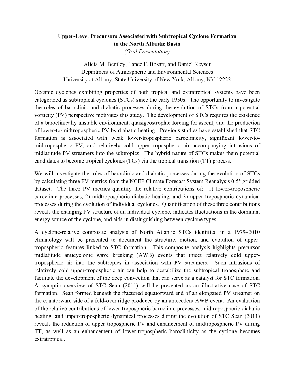 Upper-Level Precursors Associated with Subtropical Cyclone Formation in the North Atlantic Basin (Oral Presentation)