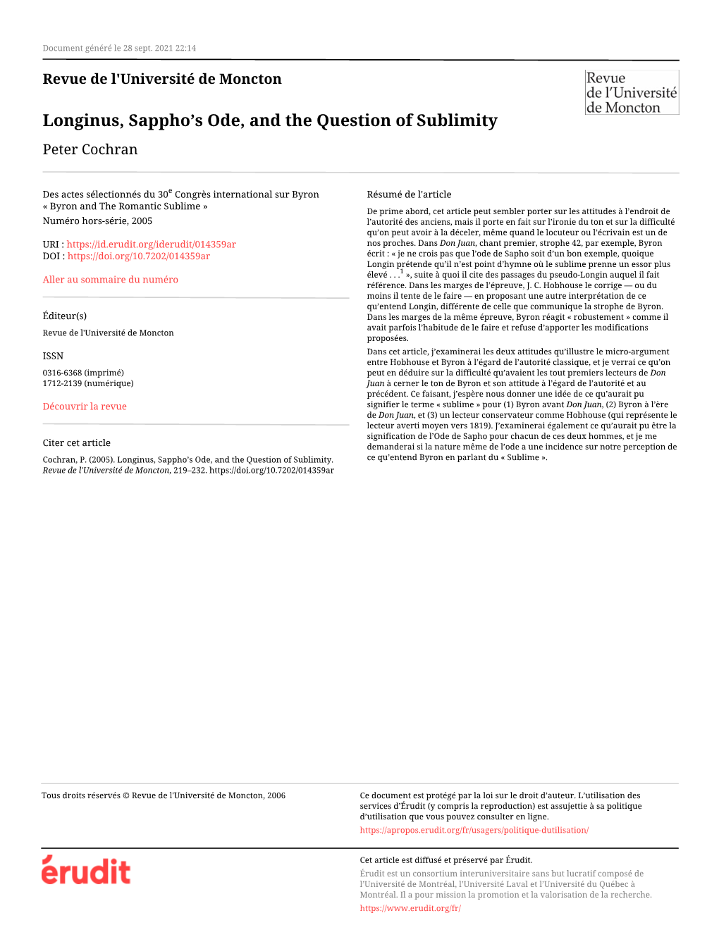 Longinus, Sappho's Ode, and the Question of Sublimity