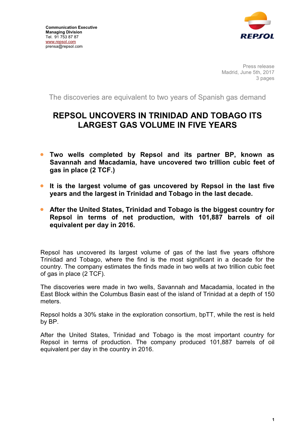 Repsol Uncovers in Trinidad and Tobago Its Largest Gas Volume in Five Years