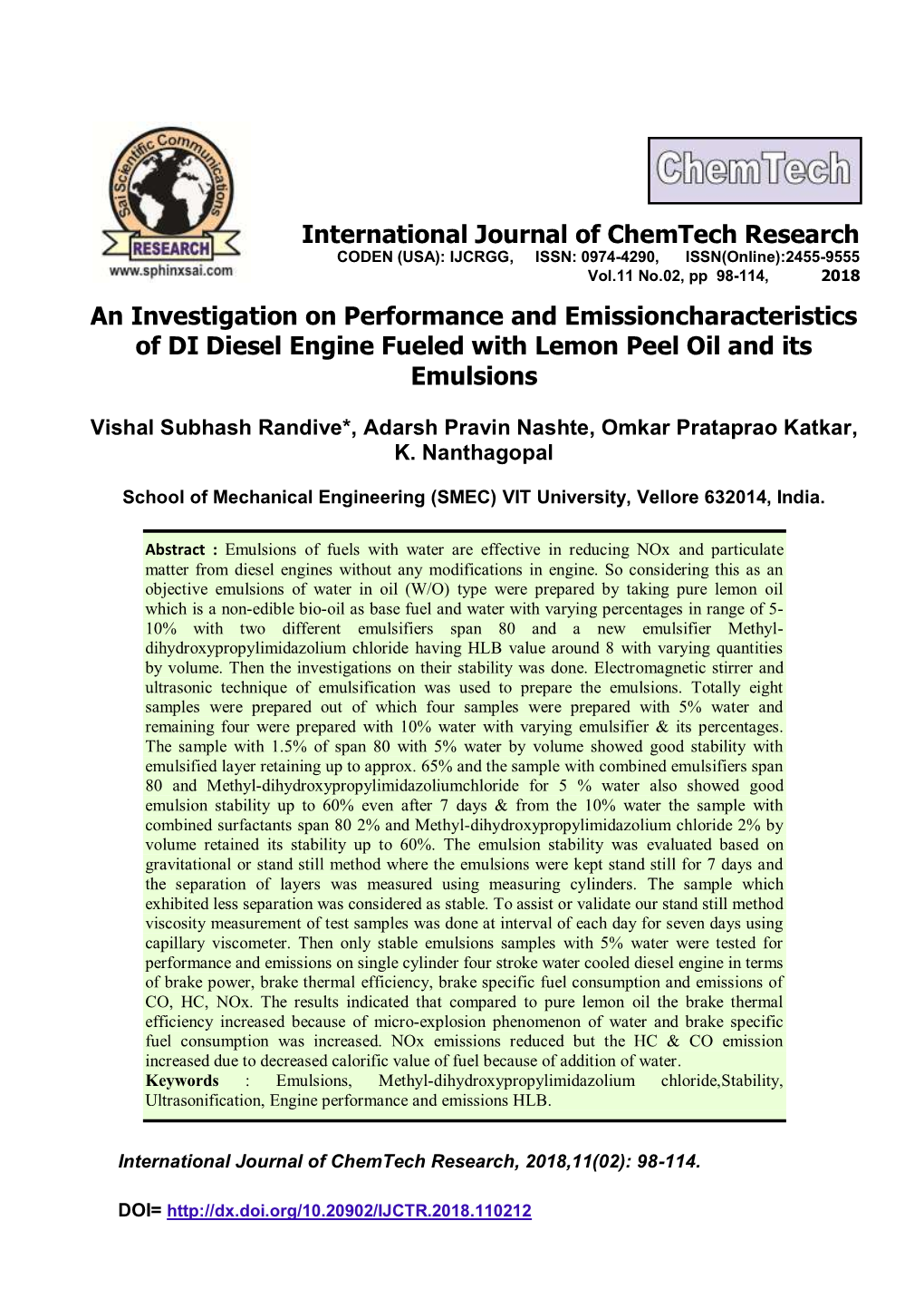 An Investigation on Performance and Emissioncharacteristics of DI Diesel Engine Fueled with Lemon Peel Oil and Its Emulsions