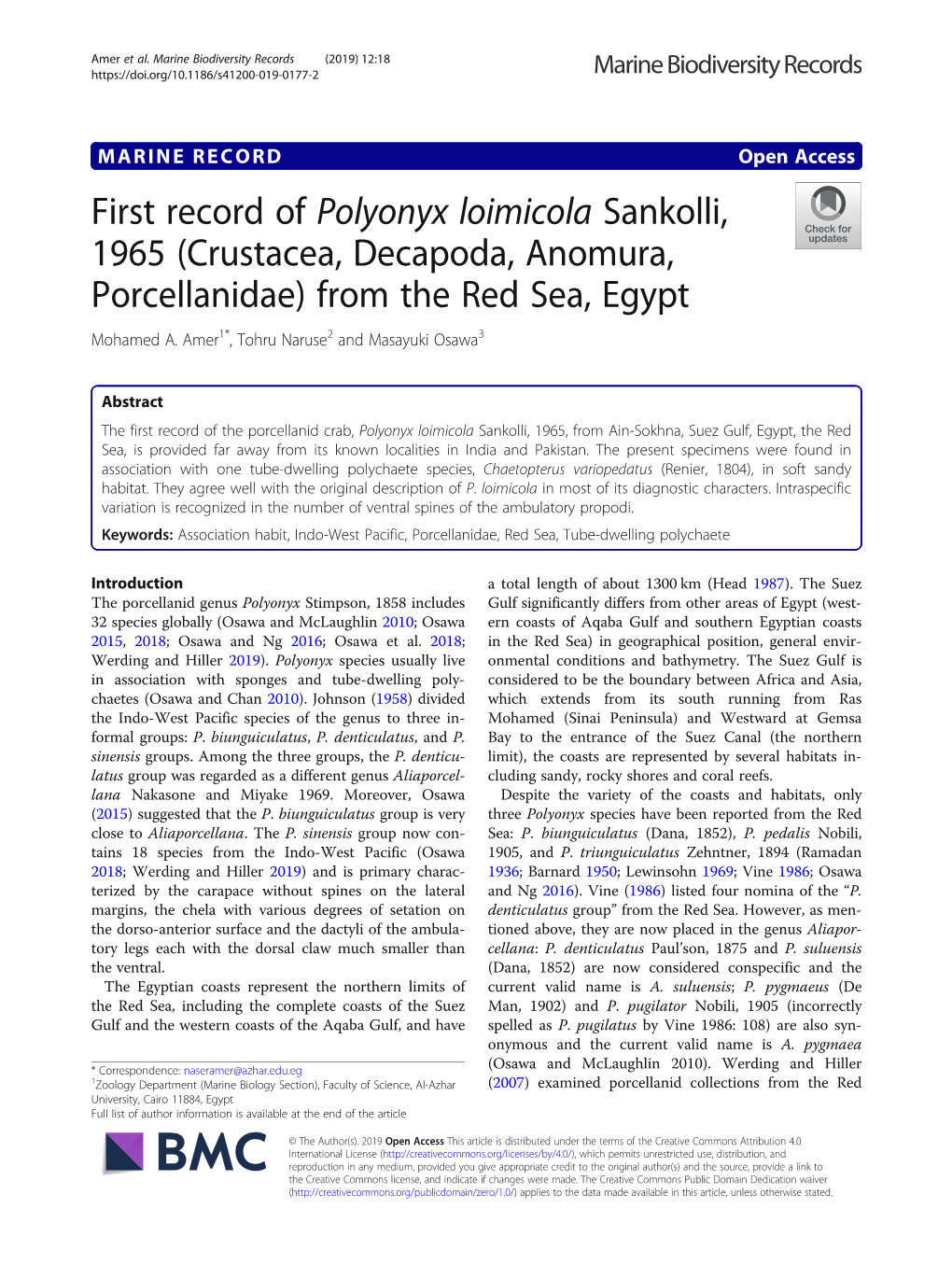 First Record of Polyonyx Loimicola Sankolli, 1965 (Crustacea, Decapoda, Anomura, Porcellanidae) from the Red Sea, Egypt Mohamed A