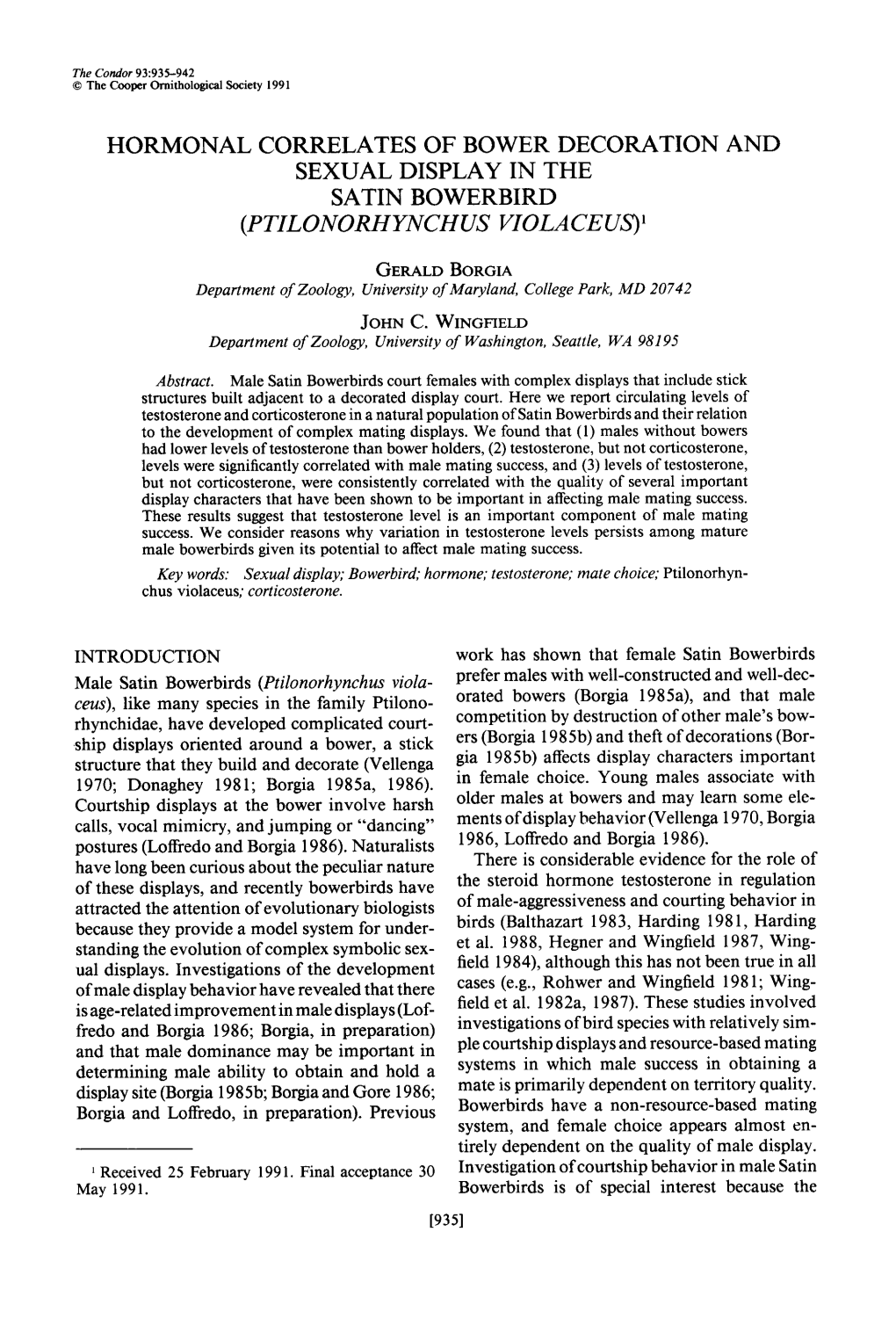 Hormonal Correlates of Bower Decoration and Sexual Display in the Satin Bowerbird (Ptilonorhynchus Violaceus)’