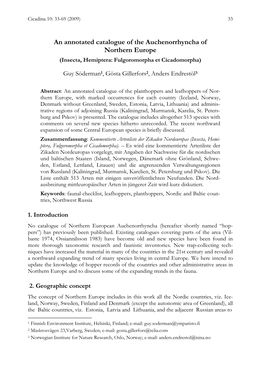 An Annotated Catalogue of the Auchenorrhyncha of Northern Europe (Insecta, Hemiptera: Fulgoromorpha Et Cicadomorpha)