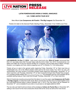 LATIN POWERHOUSES WISIN & YANDEL ANNOUNCE U.S. 'COMO ANTES TOUR 2019' New Album Los Campeones Del Pueblo / the Big Leagu