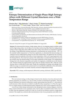Entropy Determination of Single-Phase High Entropy Alloys with Different Crystal Structures Over a Wide Temperature Range