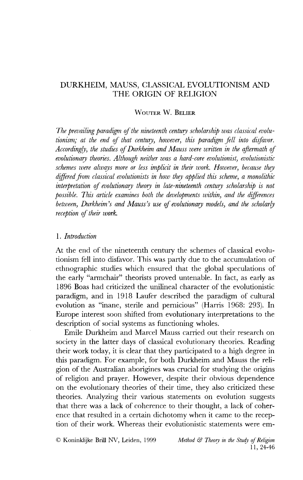 Durkheim, Mauss, Classical Evolutionism and the Origin of Religion