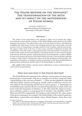 The Polish Mother on the Defensive? the Transformation of the Myth and Its Impact on the Motherhood of Polish Women