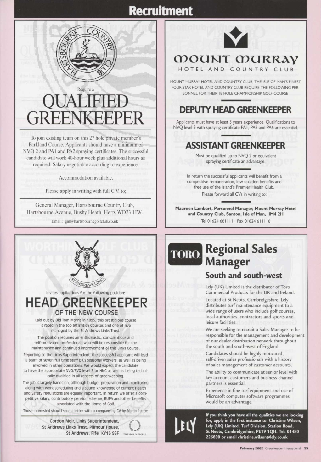 HEAD GREENKEEPER GREENKEEPER Applicants Must Have at Least 3 Years Experience