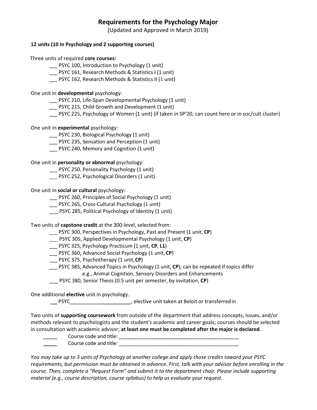 Psychology Major Checklist