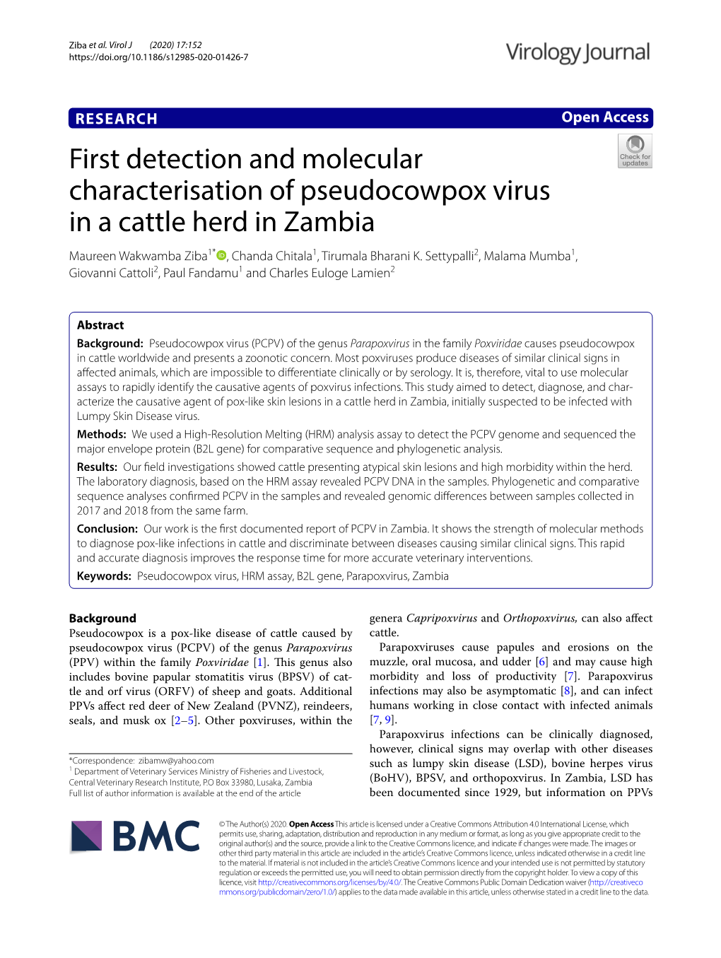 First Detection and Molecular Characterisation of Pseudocowpox Virus in a Cattle Herd in Zambia Maureen Wakwamba Ziba1* , Chanda Chitala1, Tirumala Bharani K