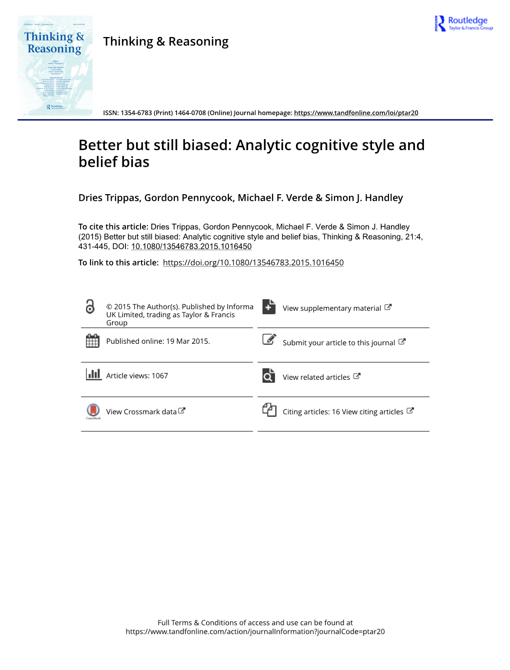 Analytic Cognitive Style and Belief Bias