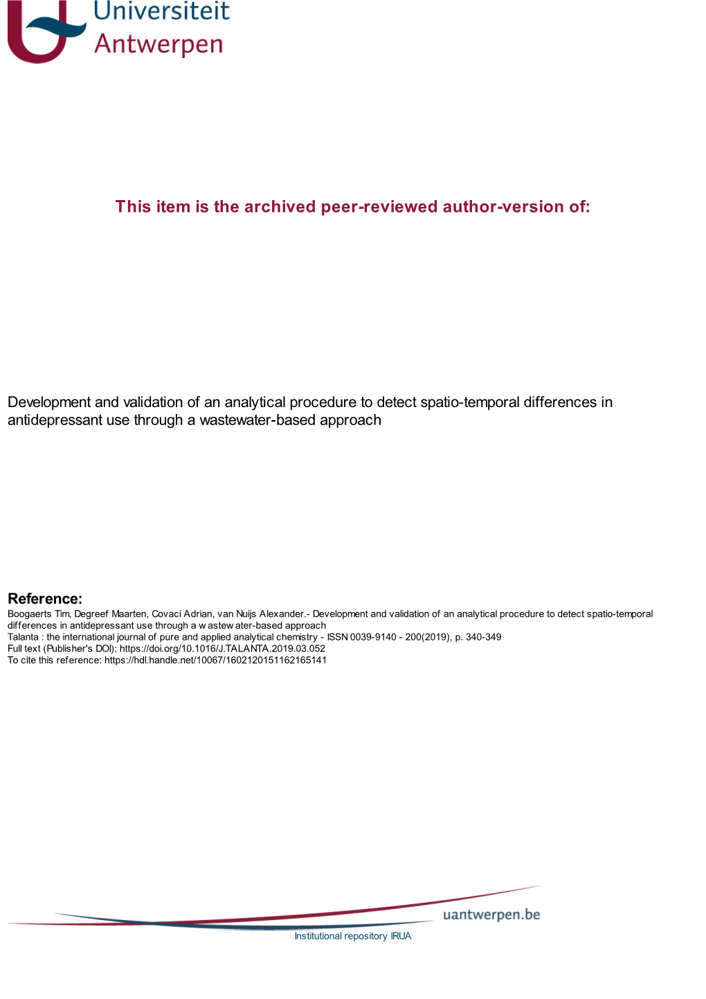 Development and Validation of an Analytical Procedure to Detect Spatio-Temporal Differences in Antidepressant Use Through a Wastewater-Based Approach