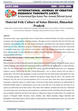 Material Folk Culture of Solan District, Himachal Pradesh Chetana Sharma1 (Research Scholar, Department of Geography, Himachal Pradesh University, Shimla-171005
