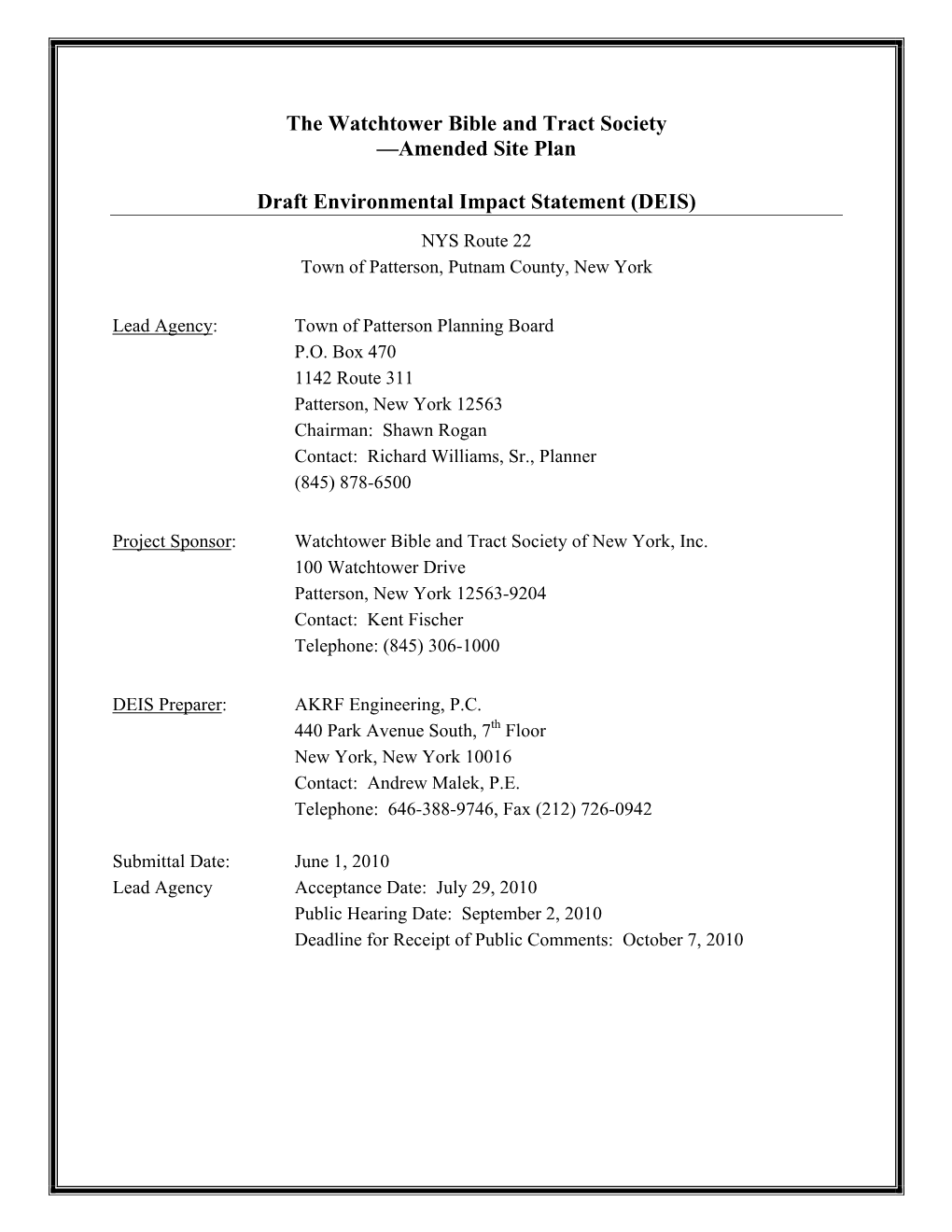 The Watchtower Bible and Tract Society —Amended Site Plan Draft Environmental Impact Statement (DEIS)