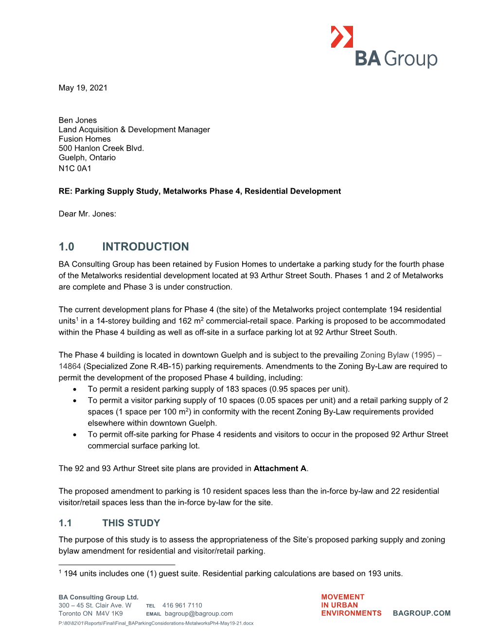 Parking Consideration Letter – May 2021