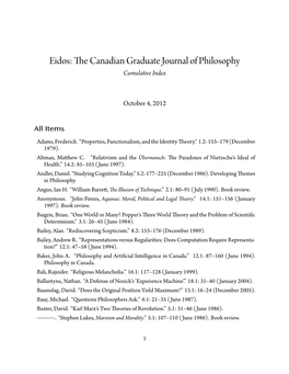 Eidos: �E Canadian Graduate Journal of Philosophy Cumulative Index