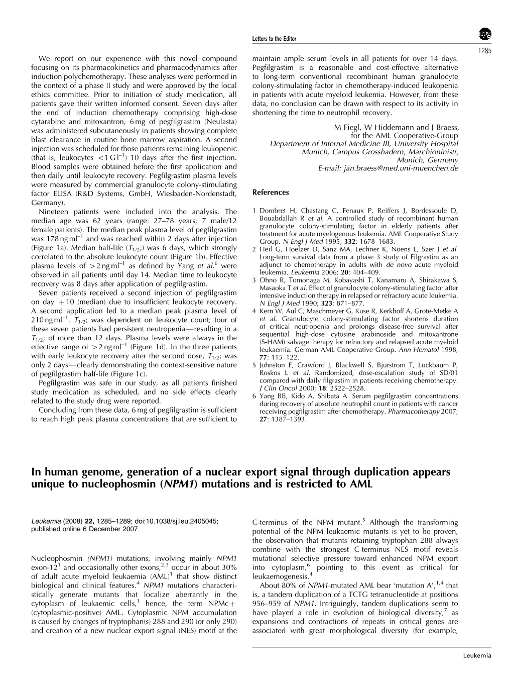 (NPM1) Mutations and Is Restricted to AML