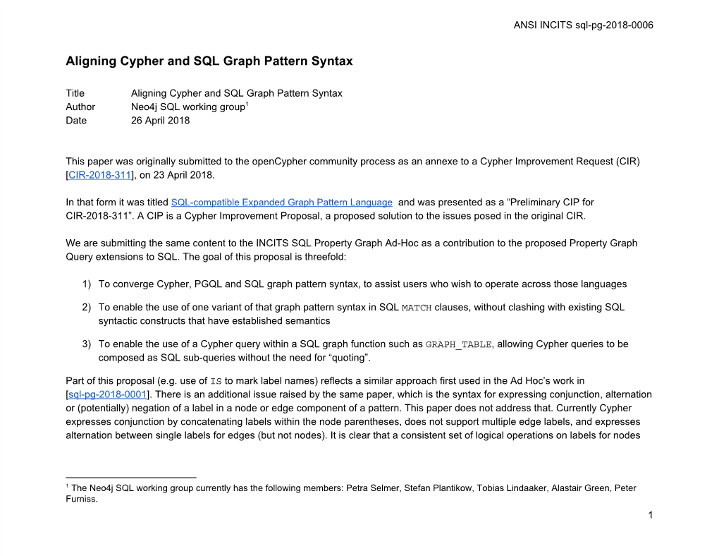 Aligning Cypher and SQL Graph Pattern Syntax