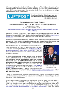 Generalleutnant Frank Gorenc Soll Kommandeur Der U.S. Air Forces in Europa Werden Von Jennifer H