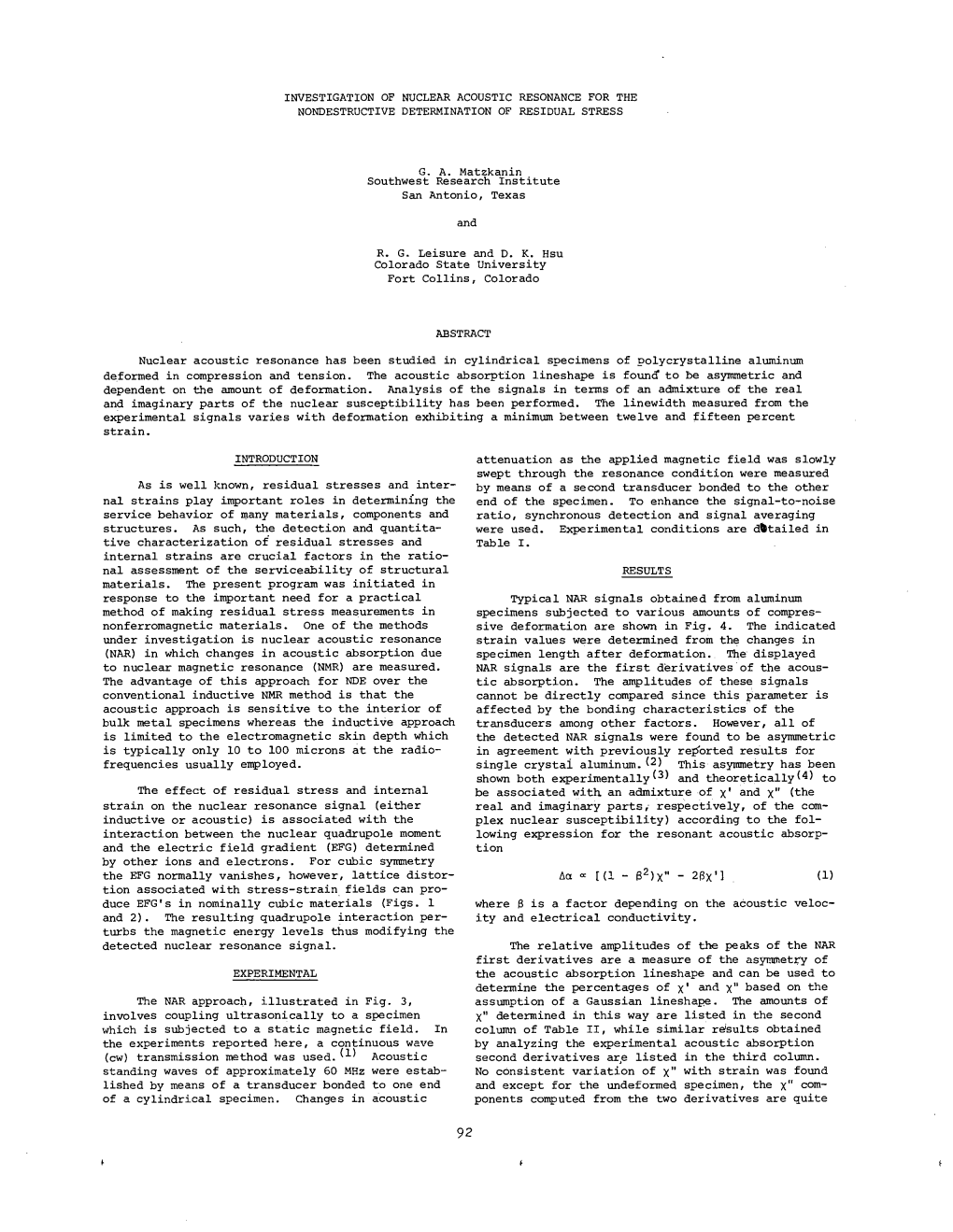 Investigation of Nuclear Acoustic Resonance for the Nondestructive Determination of Residual Stress