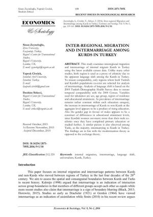 Inter-Regional Migration and Intermarriage Among Kurds in Turkey, Economics and Sociology, Vol