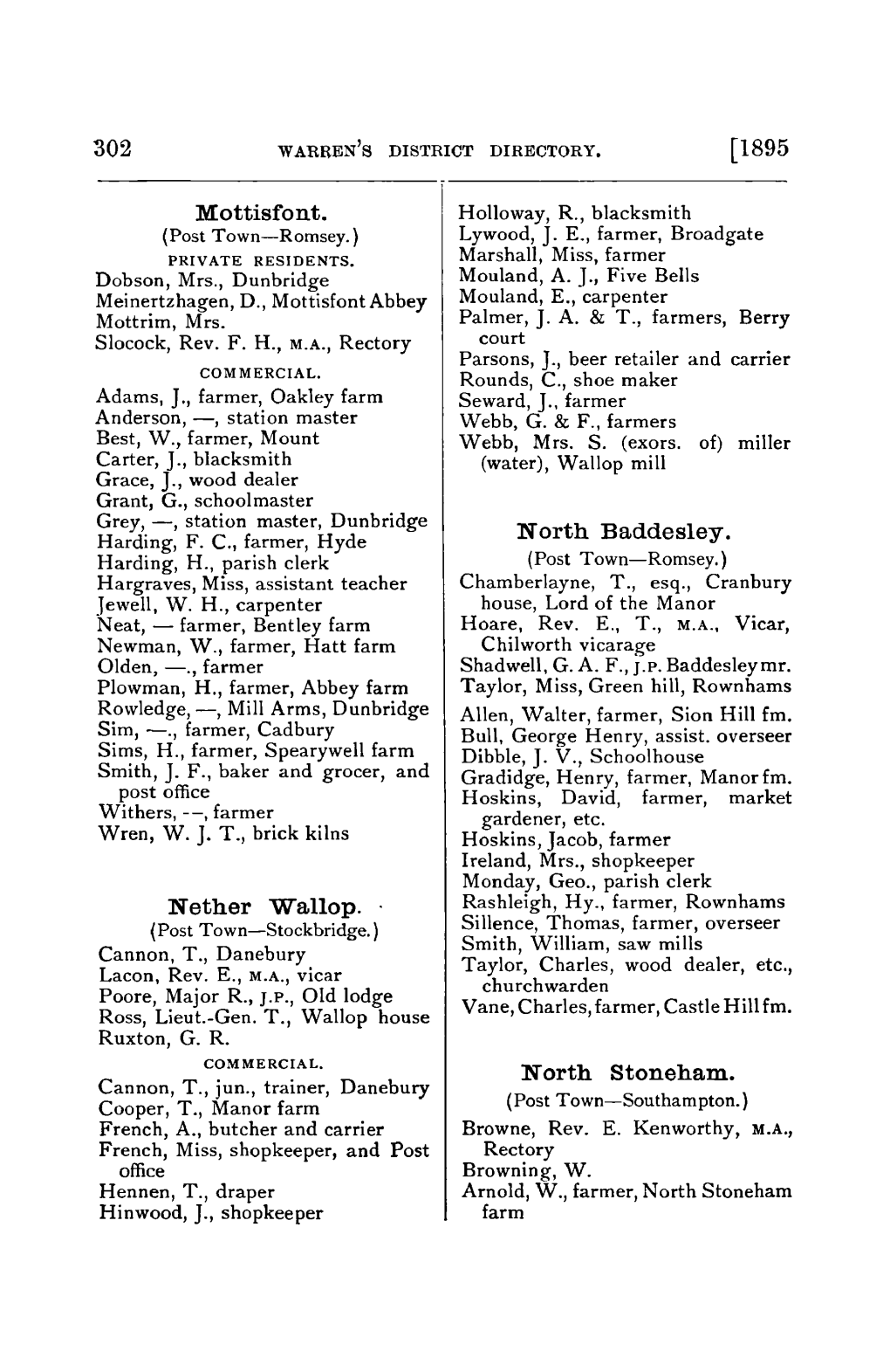 [1895 Mottisfont. Nether Wallop. · North Baddesley. North Stoneham