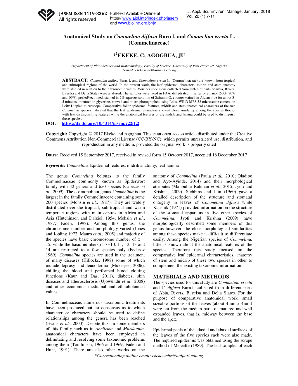 Anatomical Study on Commelina Diffusa Burn F. and Commelina Erecta L