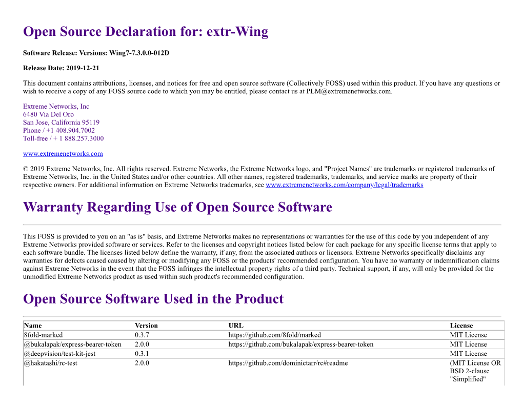 Open Source Declaration For: Extr-Wing Warranty Regarding Use