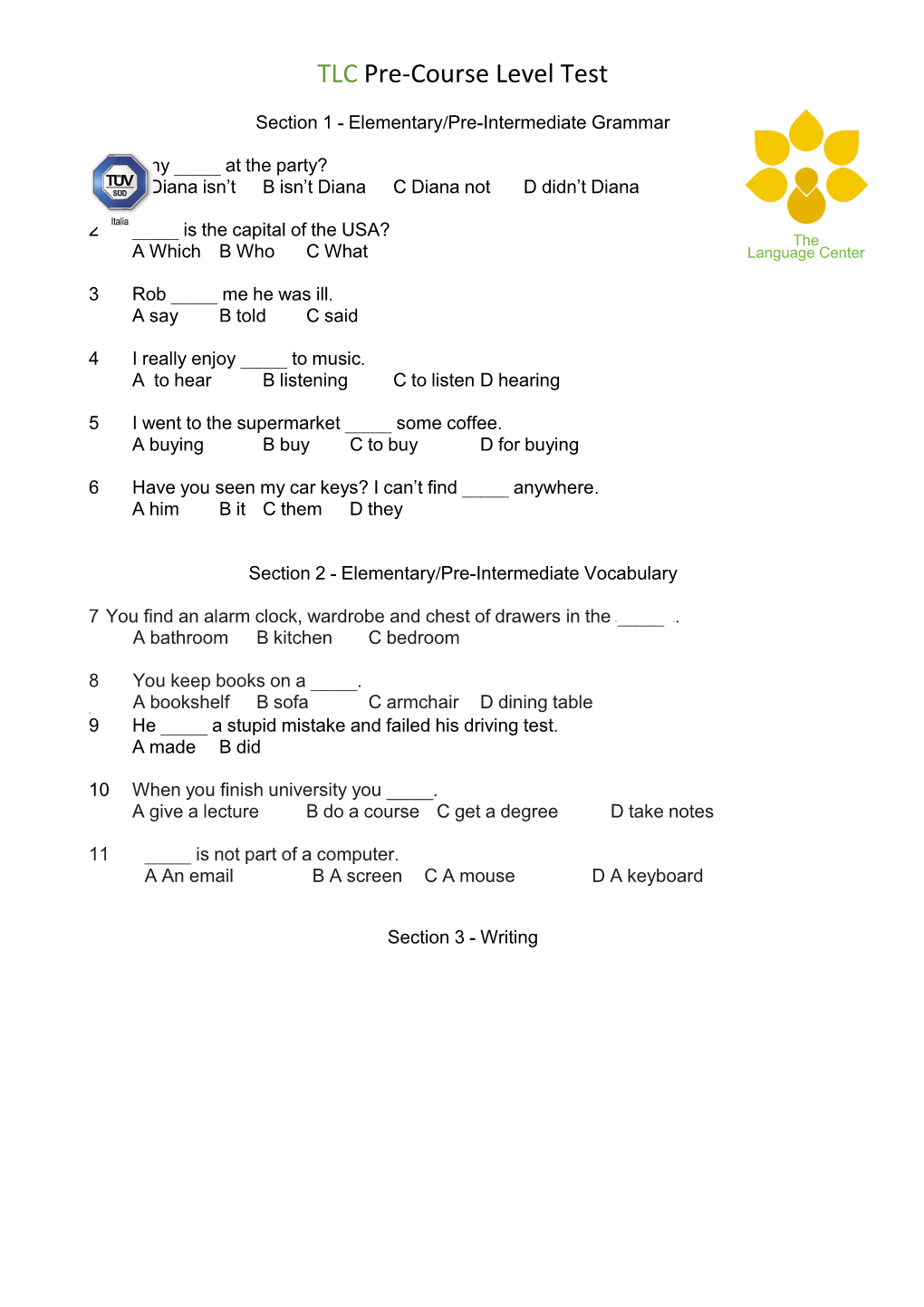 TLC Pre-Course Level Test