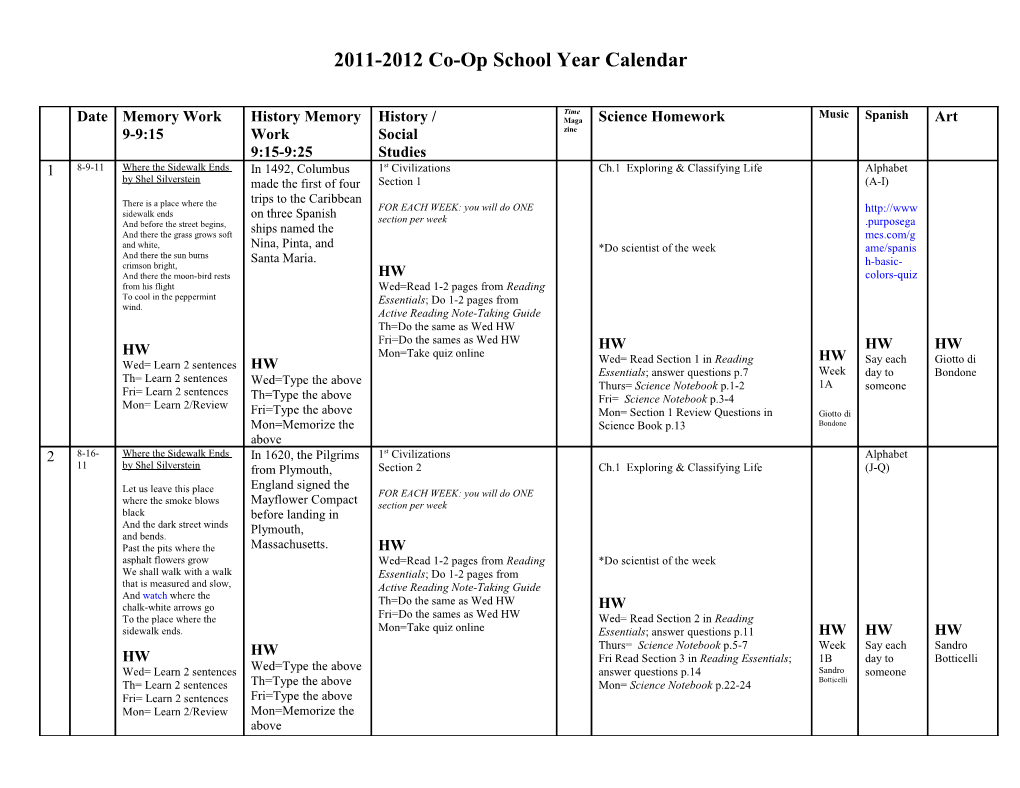 2010-2011 Co-Op School Year Calendar