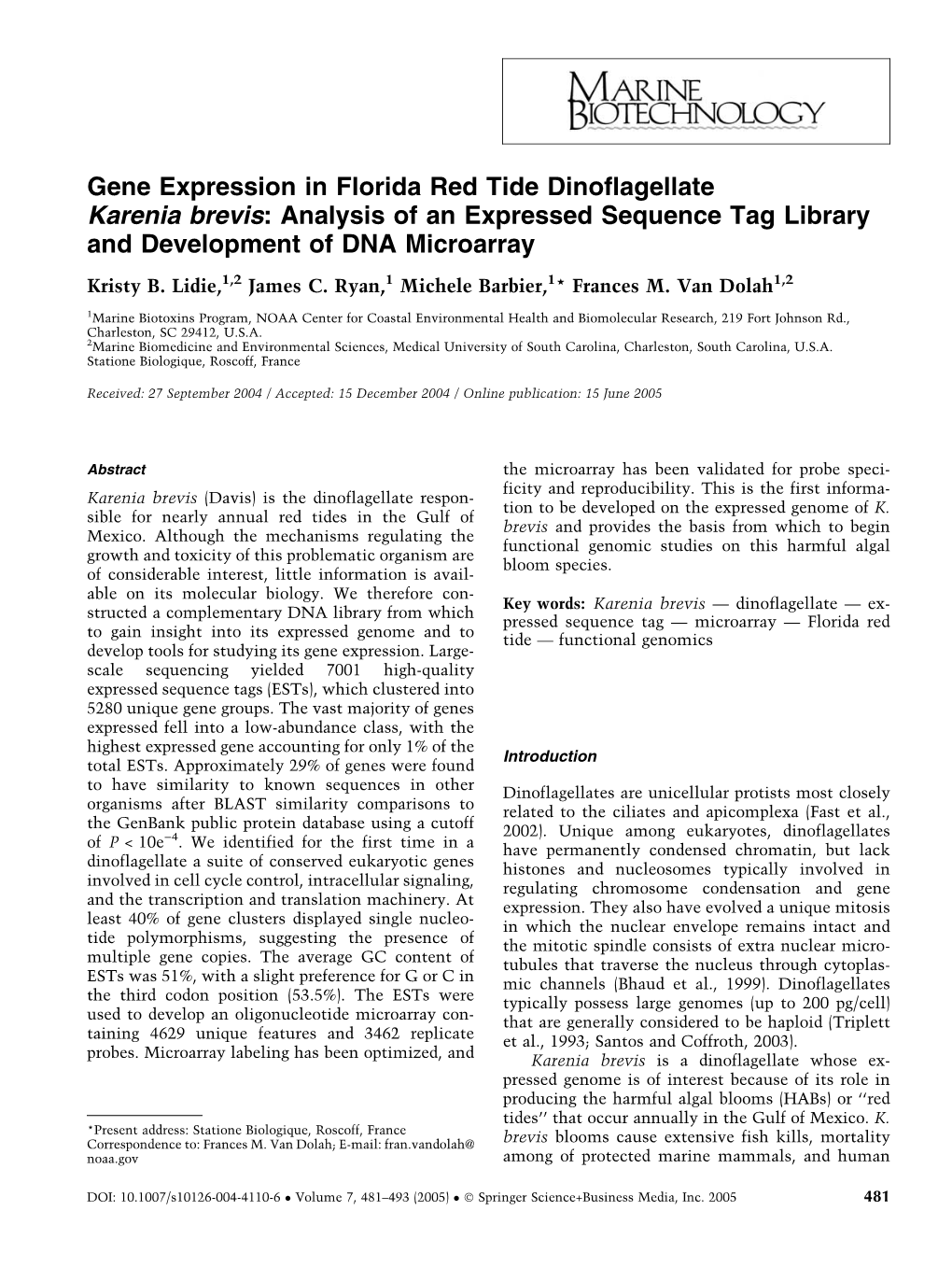 Gene Expression in Florida Red Tide Dinoflagellate Karenia Brevis