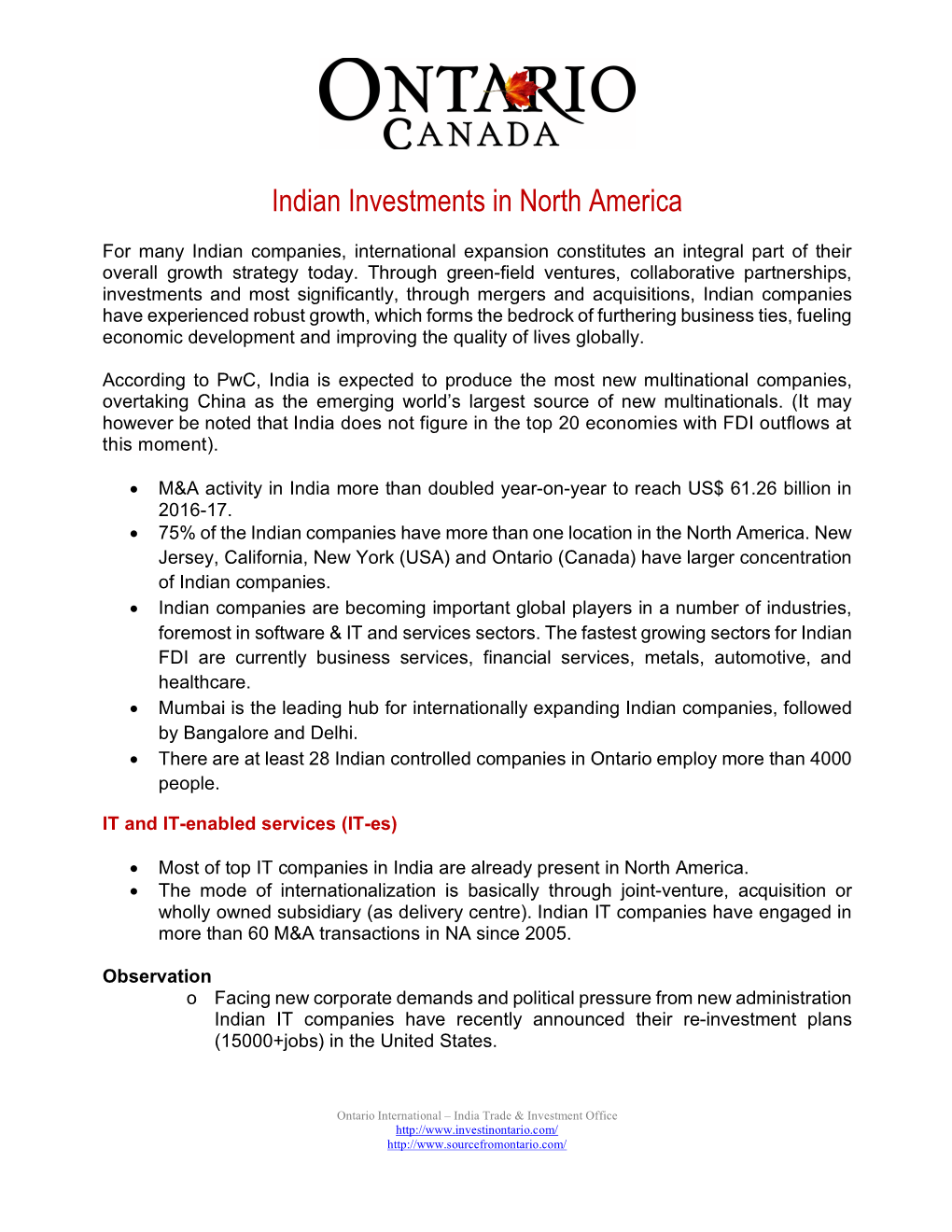 Indian Investments in North America