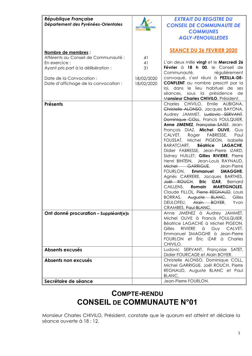 Conseil Communautaire N°01/2020